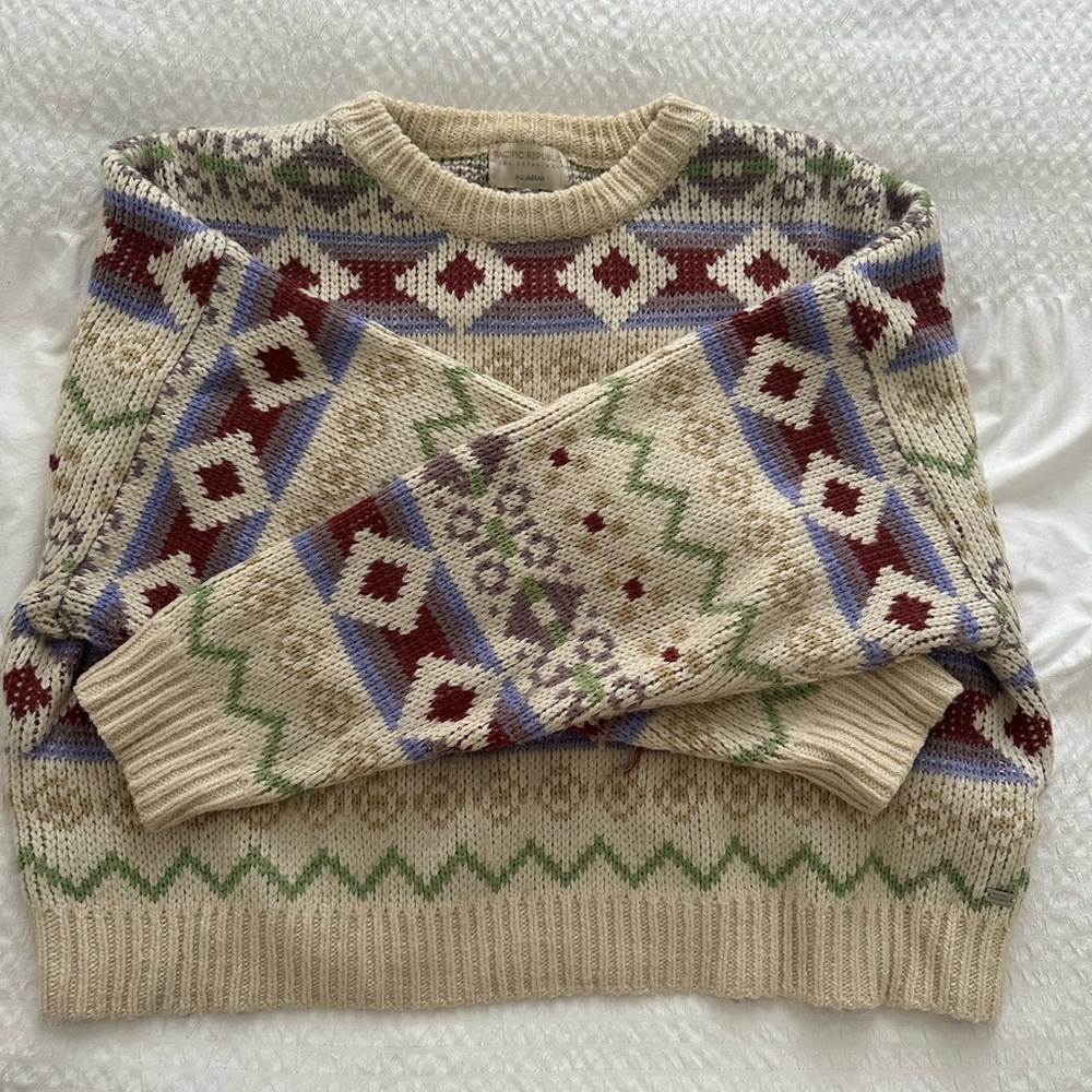 Pull&Bear Cream and Multicolor Crewneck Sweater